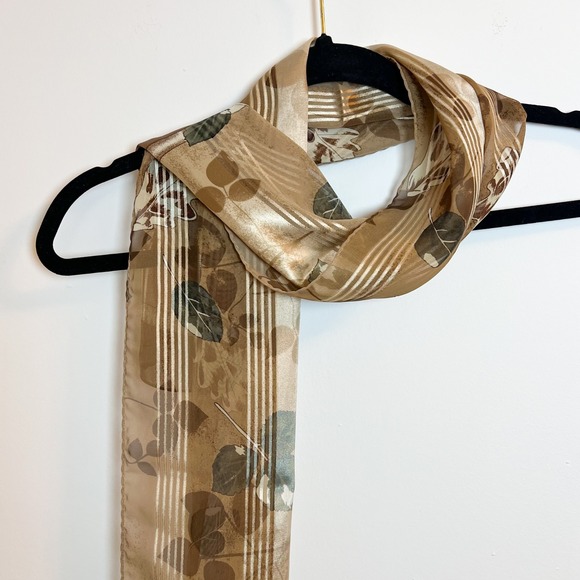 Sheer Beige Brown Leaf Print Scarf Lightweight Elegant Neutral Accessory 52"X10" - Picture 3 of 10